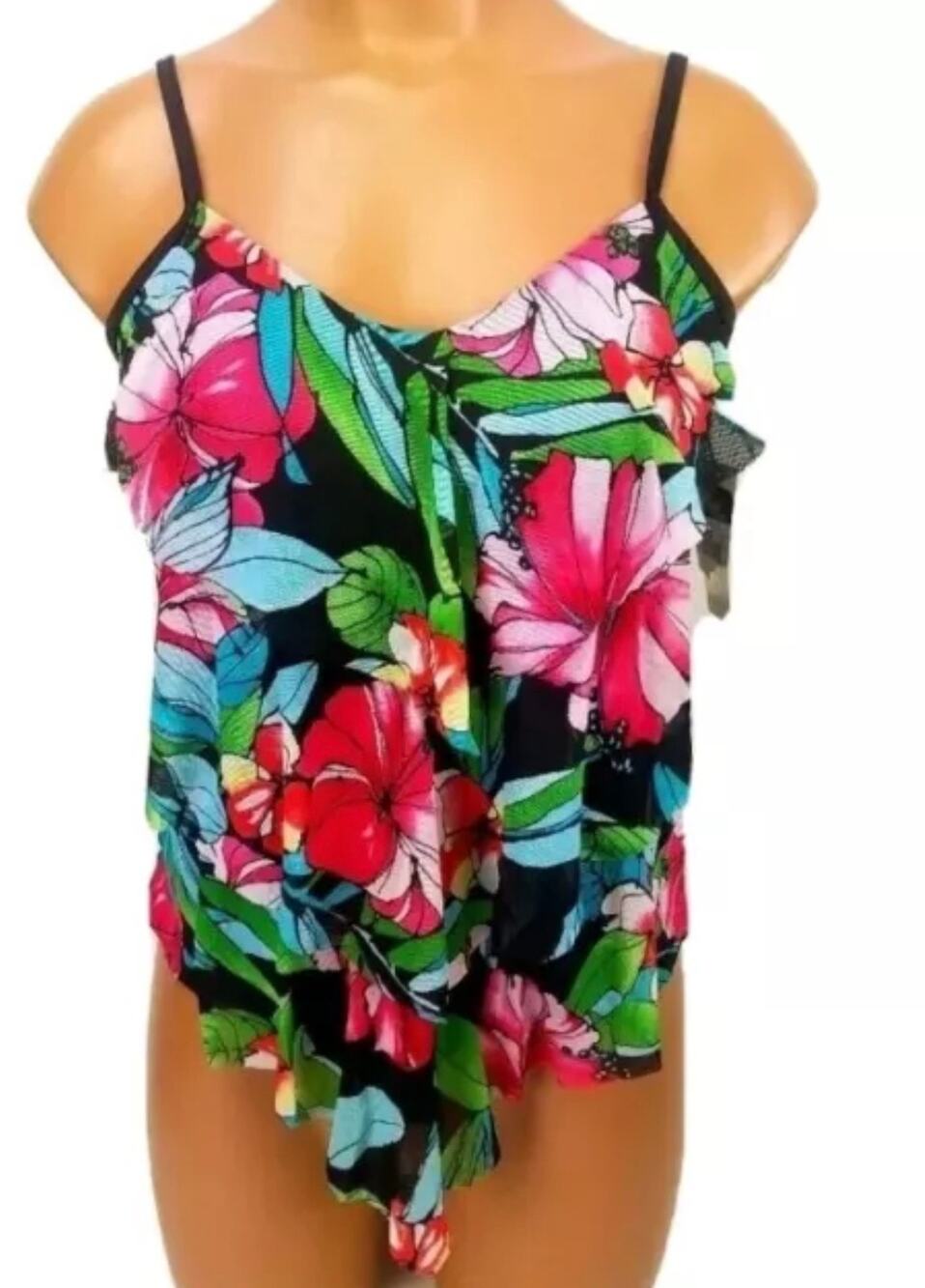 NWT! Jaclyn Smith Botanical Floral Mesh 3 Tier Layered Tankini Top 14